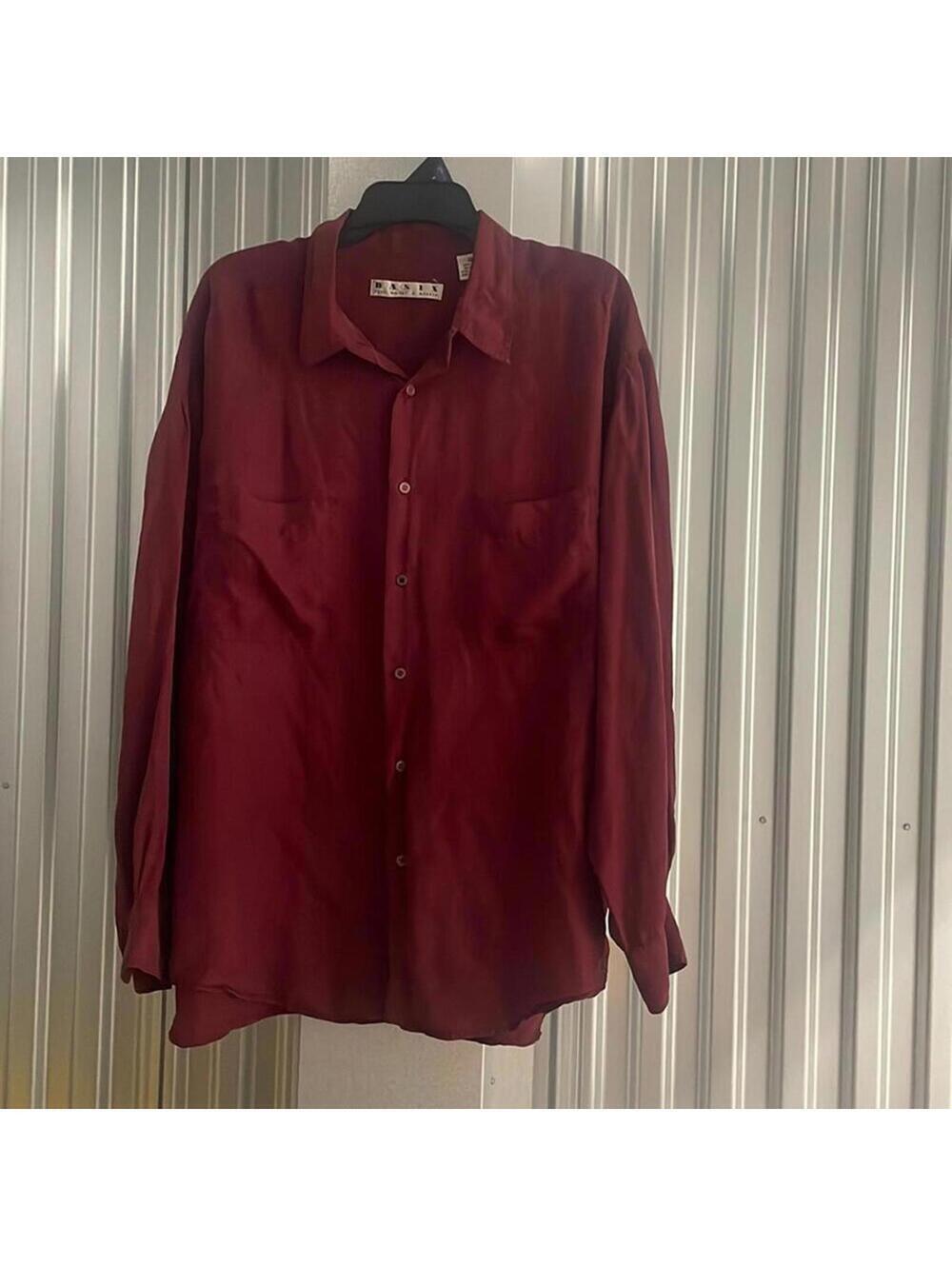 Men’s Vintage Maroon Red 100% Silk Button Down Shirt Work Office Casual